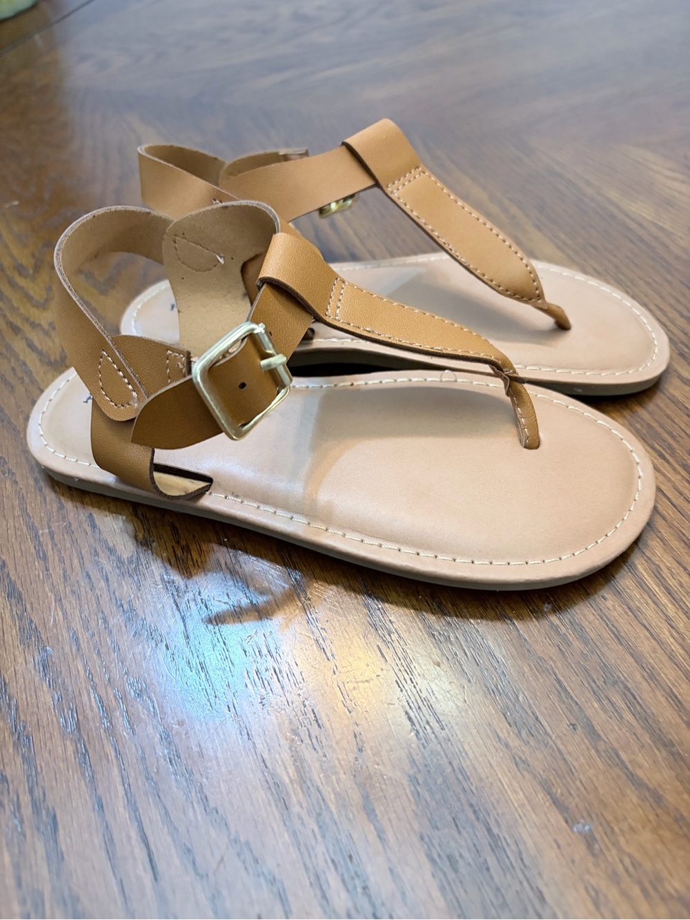 Pierre Dumas Tan T-Strap Slingback Sandals with Gold Buckle